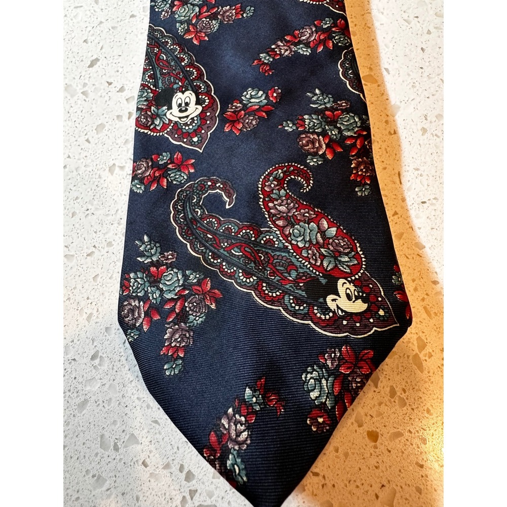 Vintage Walt Disney Mickey Mouse Paisley Silk Tie Navy Blue Floral Made in USA
